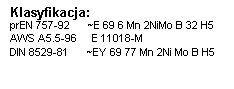 Pole tekstowe: Klasyfikacja:
prEN 757-92      ~E 69 6 Mn 2NiMo B 32 H5
AWS A5.5-96     E 11018-M	
DIN 8529-81      ~EY 69 77 Mn 2Ni Mo B H5
